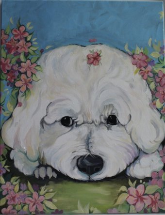 Drawing "Bichon primaverile in fiore" by illustrator Anna Solodovnikova acrylic canvas at Jose Art Gallery