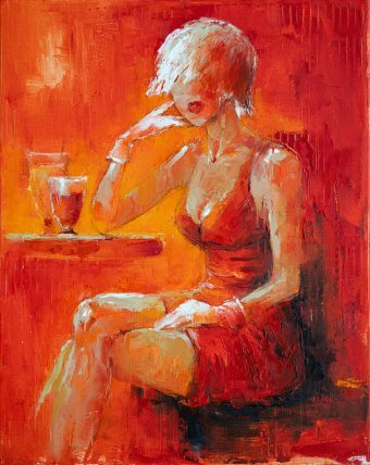 Painting "Lady in Red" by painter Anna Ravliuc oil canvas at Jose Art Gallery