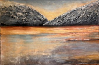 Peinture "Mer, montagnes, aube : inspiration peinture", peintre Sveta Makarenko huile toile à la Jose Art Gallery