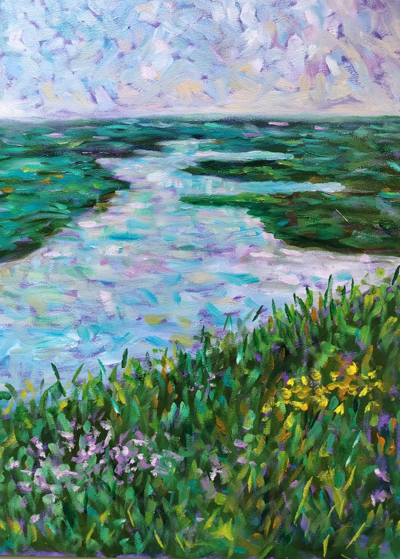 Serene Shoreline in Oil Landscape Painting by Nino Gudadze