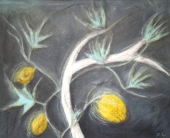 Painting "Lemons and a bone" by painter An Viaznikova acrylic canvas at Jose Art Gallery