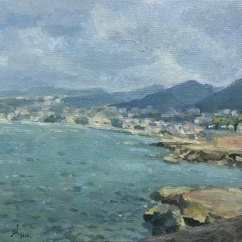 Painting "Mediterranean Landscape: Peaceful Coastal Escape" by painter Maria Kuznetsova oil canvas at Jose Art Gallery