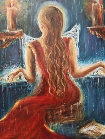 Pittura "Echi di pioggia", pittore Aurelia Givalanti olio tela alla Jose Art Gallery