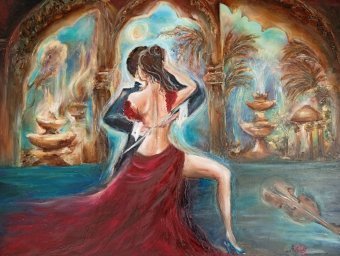 Pittura "Lei è la Musica", pittore Aurelia Givalanti olio tela alla Jose Art Gallery