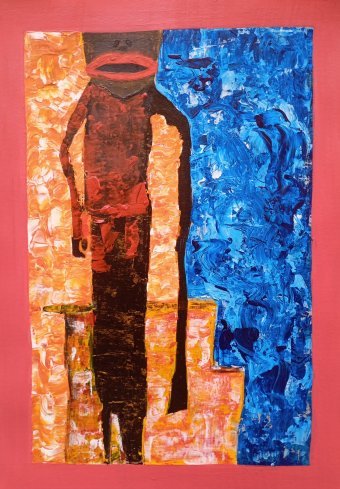 Pittura "Il Guardiano della Soglia", pittore Bethsaleel N'goran acrilico carta alla Jose Art Gallery