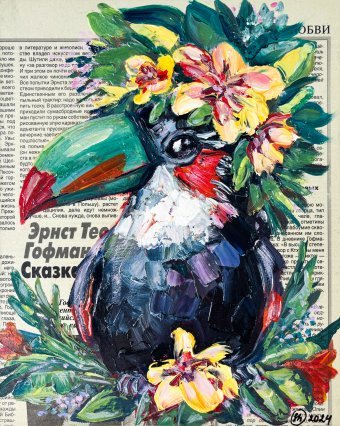 Painting "Tropical soul: Toucan in Bloom" by painter Oksana Shevchenko oil wood at Jose Art Gallery