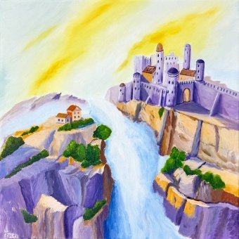 Painting "Dawn in Mountains with River Rocks" by painter Fa Ley acrylic canvas at Jose Art Gallery