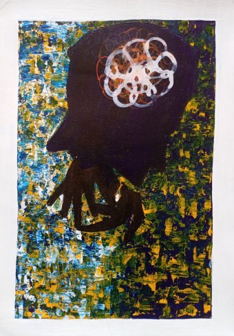 Pittura "L'Oracolo dell'Ombra", pittore Bethsaleel N'goran acrilico carta alla Jose Art Gallery