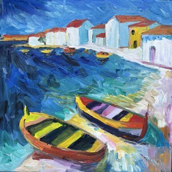 Painting "Seaside Shore with Boats" by painter Irina Anis oil canvas at Jose Art Gallery