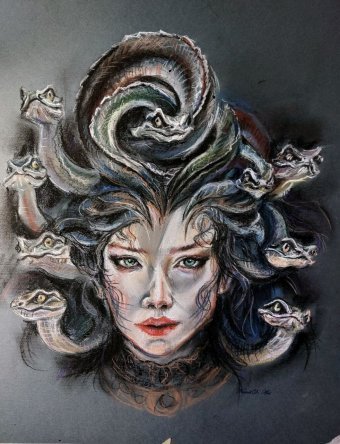 Drawing "I Miei Pastelli Medusa Gorgone: Simbolismo e Mitologia" by illustrator Natali Diduh pastel paper at Jose Art Gallery
