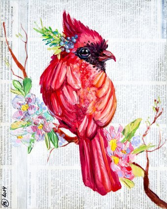 Painting "Cardinal in Full Bloom: Vibrant Nature's Voice" by painter Oksana Shevchenko oil wood at Jose Art Gallery