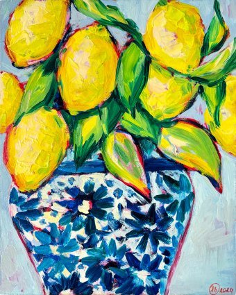 Painting "Lemon Decor Kitchen Wall Art" by painter Oksana Shevchenko oil wood at Jose Art Gallery