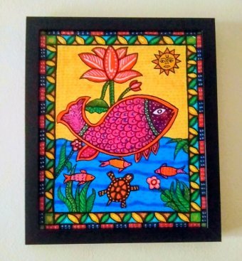 Wohlhabender Fisch im lebendigen Madhubani-Stil