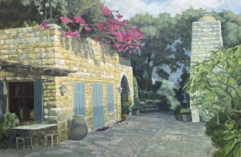 Painting "Sunlit Mediterranean Courtyard Embraced by Bougainvillea" by painter Maria Kuznetsova oil canvas at Jose Art Gallery