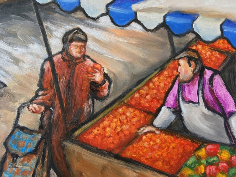 Additional view 3: Expressionism Cityscapes Painting Time of tangerines by painter Fedor Aseev oil cardboard 