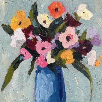 Painting "Flowers in a Blue Vase Flowers" by painter Irina Anis oil canvas at Jose Art Gallery