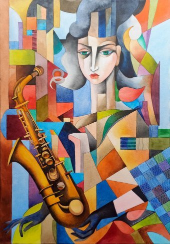 Pittura "Sassofonista", pittore Lana Korolievskaia acquerello carta alla Jose Art Gallery
