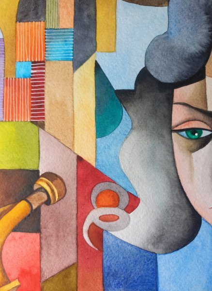 Additional view 1: Cubism Portrait Painting Saxophonist by painter Lana Korolievskaia watercolor paper 