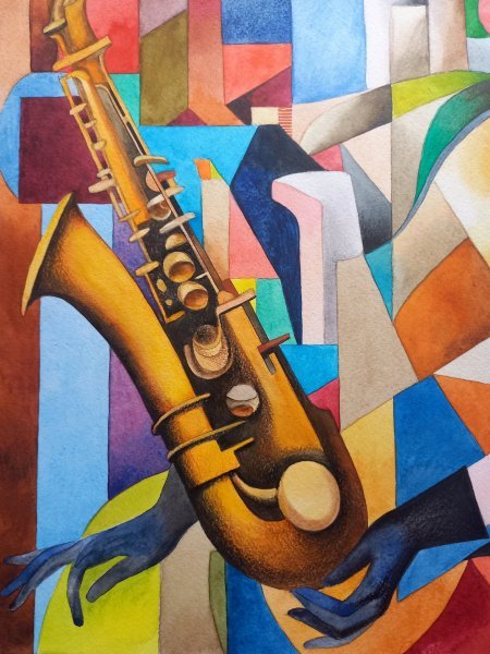 Additional view 2: Cubism Portrait Painting Saxophonist by painter Lana Korolievskaia watercolor paper 