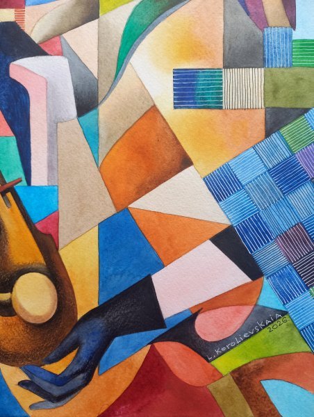 Additional view 3: Cubism Portrait Painting Saxophonist by painter Lana Korolievskaia watercolor paper 