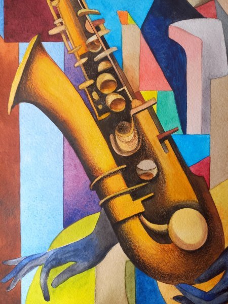 Additional view 6: Cubism Portrait Painting Saxophonist by painter Lana Korolievskaia watercolor paper 