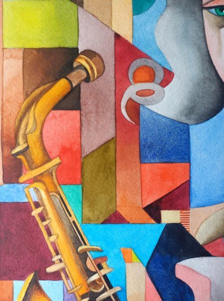 Additional view 7: Cubism Portrait Painting Saxophonist by painter Lana Korolievskaia watercolor paper 