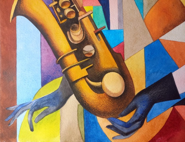 Additional view 9: Cubism Portrait Painting Saxophonist by painter Lana Korolievskaia watercolor paper 