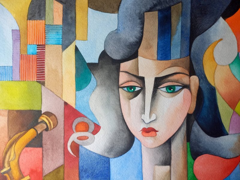 Additional view 10: Cubism Portrait Painting Saxophonist by painter Lana Korolievskaia watercolor paper 