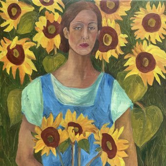 Painting "Emma in the Sunflowers" by painter Irina Anis oil canvas at Jose Art Gallery