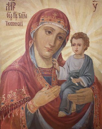 Painting "Tikhvin Icon of the Mother of God" by painter Oleksandr Taljejev oil parchment at Jose Art Gallery