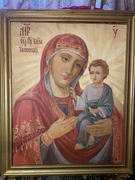 Additional view 1: Fine Art Religious Painting Tikhvin Icon of the Mother of God by painter Oleksandr Taljejev oil parchment 