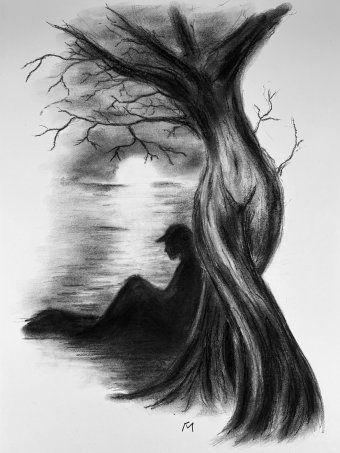 Gráfico "El Silencio del Alma: La Soledad como Inspiración", ilustrador Mykola Havryliuk carbón papel en Jose Art Gallery