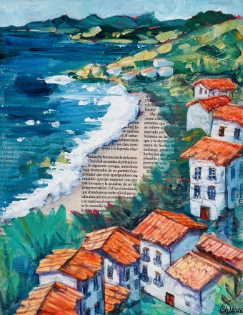 Painting "Spanish Coast Mediterranean Landscape" by painter Oksana Shevchenko mixed method wood at Jose Art Gallery