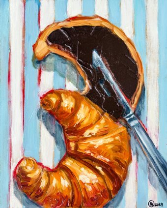 Painting "Croissants Still Life Impasto" by painter Oksana Shevchenko oil wood at Jose Art Gallery