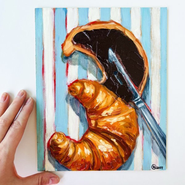 Additional view 1: Contemporary Art Still-Life Painting Croissants Still Life Impasto by painter Oksana Shevchenko oil wood 