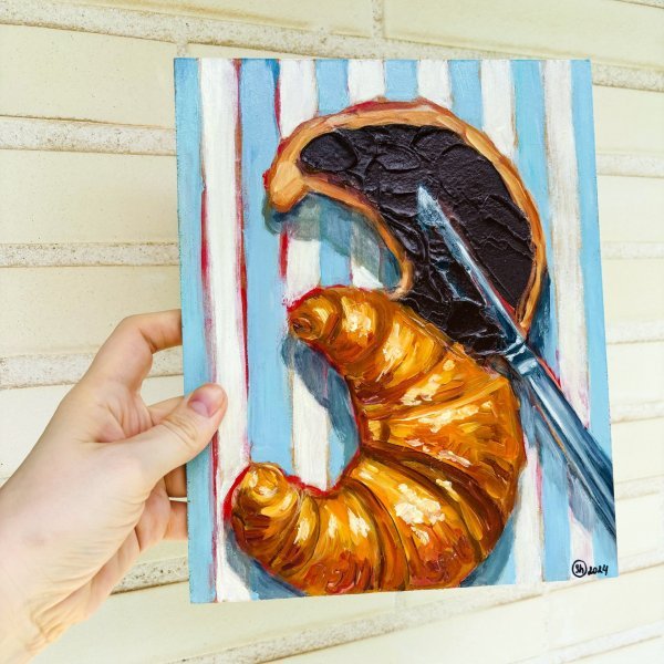 Additional view 3: Contemporary Art Still-Life Painting Croissants Still Life Impasto by painter Oksana Shevchenko oil wood 