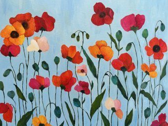 Painting "Poppies on Blue" by painter Irina Anis oil canvas at Jose Art Gallery