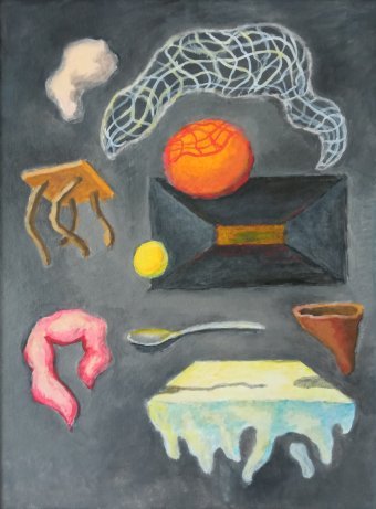 Pittura "Oggetti in fuga dal cacciatore", pittore Evgeniy Mayboroda olio cartone alla Jose Art Gallery