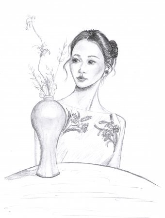Drawing "Woman and a willow branch" by illustrator Lloreleya pencil paper at Jose Art Gallery