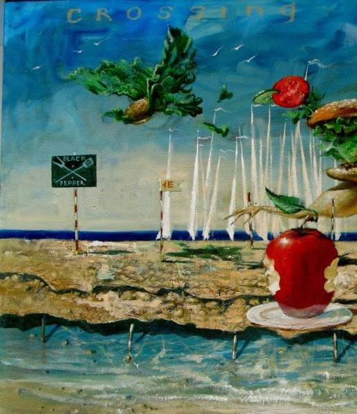Additional view 1: Symbolism History Painting Running Burger. Fast food by painter Serhiy Roy oil canvas 
