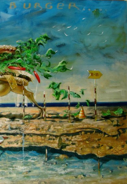 Additional view 2: Symbolism History Painting Running Burger. Fast food by painter Serhiy Roy oil canvas 