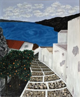 Painting "Welcome to Santorini" by painter Yuliya Suhonosova acrylic canvas at Jose Art Gallery
