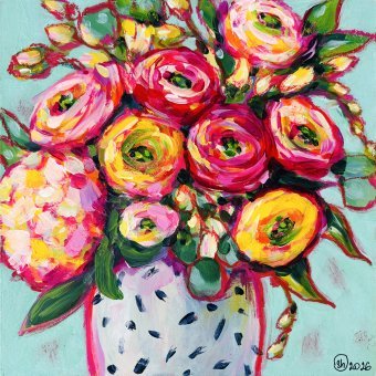 Painting "Ranunculus Bouquet Bright Pink" by painter Oksana Shevchenko mixed method wood at Jose Art Gallery