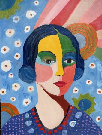 Painting "Woman Colorful Portrait 2" by painter Irina Anis oil cardboard at Jose Art Gallery