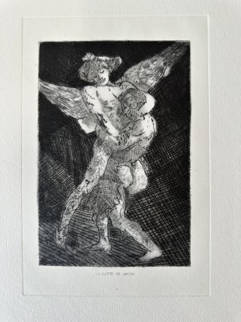 Grafika "Walka Jakuba", ilustrator Carlos Barta ryt papier w Jose Art Gallery