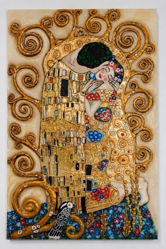Painting "Bas-Relief The Kiss" by painter Tetiana Nyshchun mixed method canvas at Jose Art Gallery