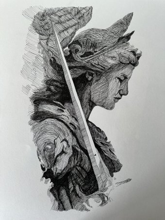 Painting "Warrior of Light" by painter Carlos Barta drawing ink paper at Jose Art Gallery