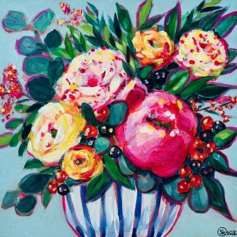 Painting "Vibrant Peony Symphony: Joyful Floral Vibrance" by painter Oksana Shevchenko acrylic wood at Jose Art Gallery
