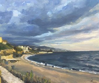 Painting "Stormy Mediterranean Coast: Nature's Drama Unfolds" by painter Maria Kuznetsova oil cardboard at Jose Art Gallery