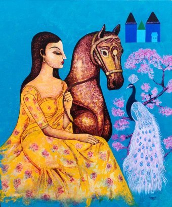 Malerei "Harmonie von Mädchen und Natur", maler/-in Kalyani Gulage Acryl Leinwand in der Jose Art Gallery